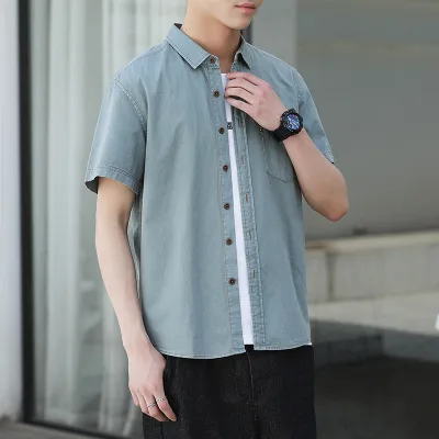 2025 Summer Pure Cotton Youth Short Sleeved Casual Fashion Denim Shirt Large Men's Clothing