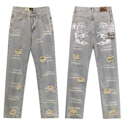 Fashion Ins-Style Casual Denim Pants for Men and Women Mid-Waist Straight Cut Wash Tattered Look