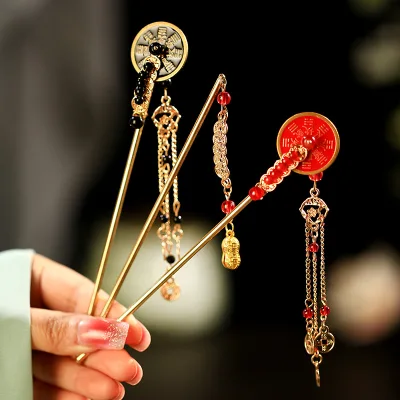Classical Mountain Spirit Money Charm Tassel Hairpin Chinese-Style Retro Antique Copper Coin Dangling Hair Ornament Zodiac