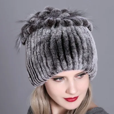 New Women's Rex Rabbit Fur Jacquard Knit Beanie Warm & Extra-Thick 48-50cm for Autumn/Winter
