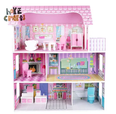 New Fashion Doll House Miniature DIY Wooden Doll House Kit Pink Wooden Doll House
