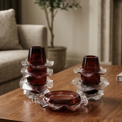 Modern Elegant Red & Clear Decorative Glass Vase Sculptural Luxury Unique Layered Shape Vase & Bowl for Home Dining Table Decor
