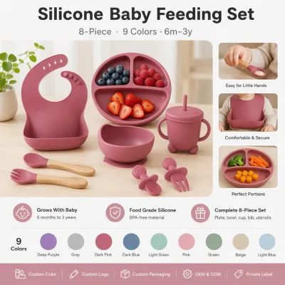 Food Grade Custom Logo Silicone Baby Feeding Set Suction Plate Bowl Sippy Cup Bib Self Feeding Utensils for Toddler