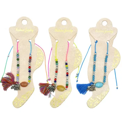 2025 Summer Handmade Lady Elephant Pendant Crystal Stone Beads Adjustable Braided Anklet with Tassel