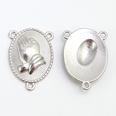 Christian Religious Rosary Centerpiece Praying Hands Charm Metal Medal Plated and Cast