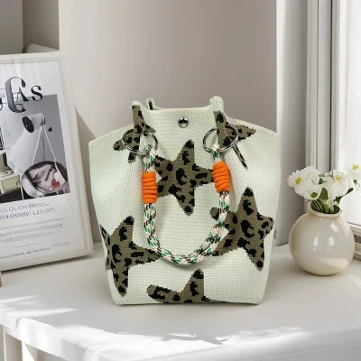 New Fashion Portable Knitted Wrist Bag Printed Purse Floral Knit Handbag Cartoon Trendy Weave Bucket Bag Shopping Bag