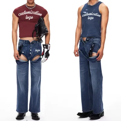 Customized Vintage Dark Wash Heavyweight Cotton Denim Pants with Distressed Design Men's Loose Straight Fit