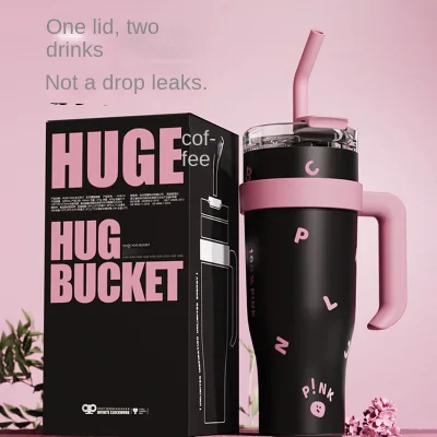 New Black pink Iced-tea Tumbler Insulated Water Bottle Jumbo-size Large-capacity Handle Straw 40-oz Car Cup 304 Gift Cup