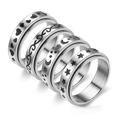 Stainless Steel Moon Star Roman Numerals Chain Rotating Ring Spinning Spinner Ring for Men Women Anxiety Fidget Rings