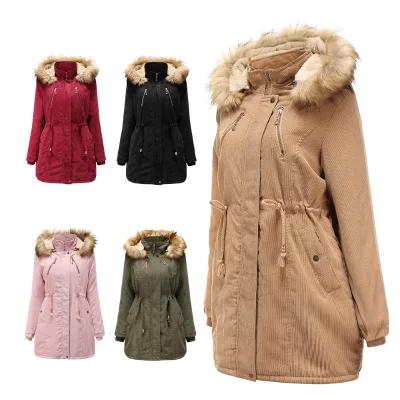 2026 Fashion Design Women Hooded Plush Corduroy Ladies Polyester Cotton Thick Plus Size Long Thermal Coat Clothing