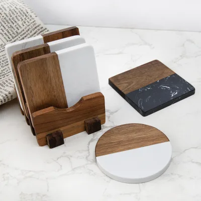 Modern Marble Wood Square Inlaid Design Heat-Resistant Coffee Cup Mat Placemat Model LS-BD Yangjiang Factory Direct Wholesale