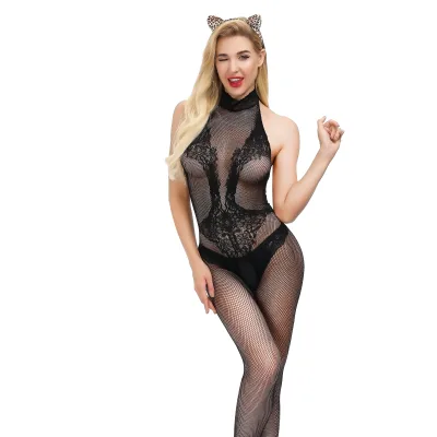 Ladies Mature Hollow-Out Fishnet Jacquard Bodystocking Sexy Lingerie Babydoll