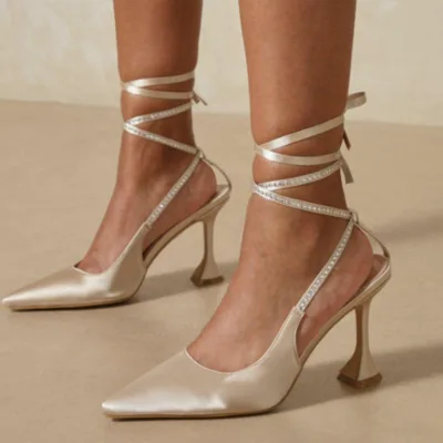Office Women Shoes Pointed Toe Kitten Heel Ankle Diamond Band Bow Decoration Spring Women Dress High Heels Shoes
