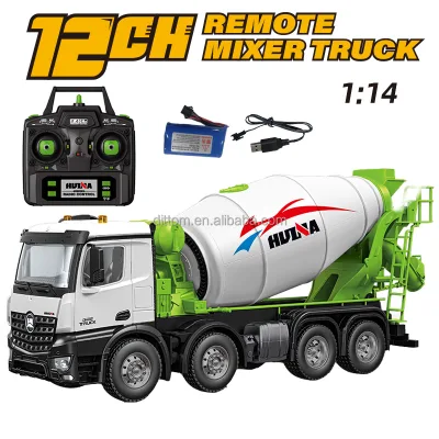 Huina 1537 1/14 Scale 2.4G 12CH RC Mixer Truck Alloy Engineering Construction RC Cement Mixer Camions Indoor Outdoor for Kids