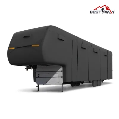 Black 5th Wheel Camper RV Cover Sun Rain Resistant,Breathable Air Vents Rollable Zipper Panels for All Weather Outdoor Use