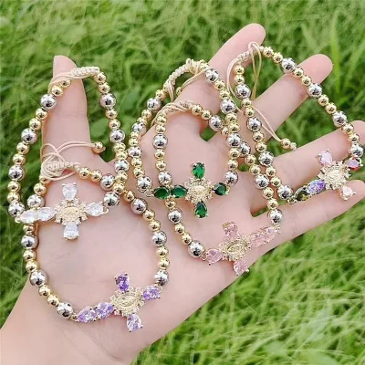 CH-CKT0542 Color cubic zircon micro pave connectors bracelet,Religion cz charm bracelet,Cz cross jewelry wholesale