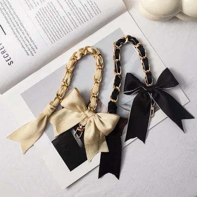 Mobile Phone Hanging Wrist Shell Chain Mobile Phone Chain Advanced Sense Woven Metal Polyester Mobile Phone Short Black Bowknot