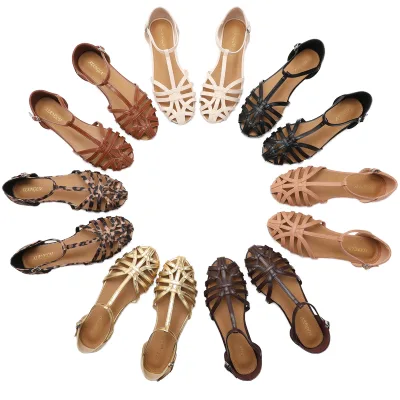 Woven Hollow Flat Bottom Flat Sandals Women's Summer Lightweight Sheepskin Breathable One-word Buckle Arch Support Rear Trip