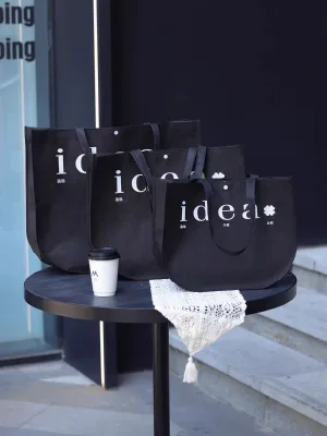 Portable Non Woven Shopping Bag Curved Bottom Snap Fastener Carry Tote for Coffee Shop Customer Giveaway