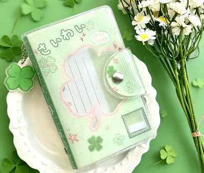 Removable Disc Bound Diary Spiral PVC Four-Leaf Clover Cover with Pendant Cute Gift School Supplies Journal