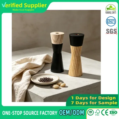 Hourglass Waist Shaped Spliced Wood Pepper Grinder, Two Tone Manual Salt and Pepper Mill Set With Wooden Tray for Wholesale OEM