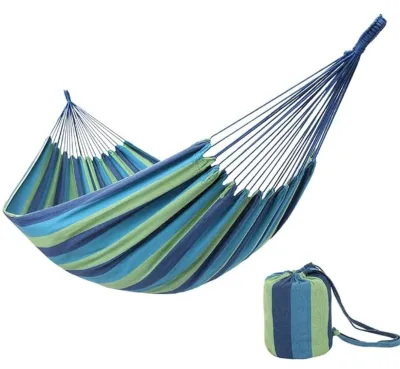 Durable Canvas Fabric Single Hammocks for Travel Camping Backyard Porch Outdoor or Indoor Use ( Blue/Green Stripes)