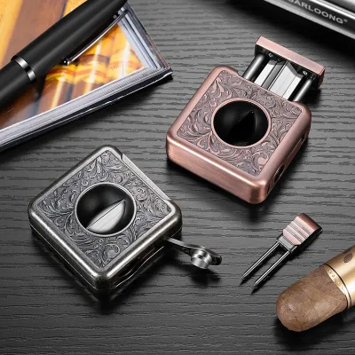 Luxury Multifunctional Stainless Steel Cigar V Cutter Sharp Blade Hidden Cigar Drill Needle Holder with Gift Box Packaging