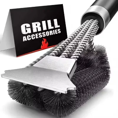 Hot Selling BBQ Cleaning Brush Three-Head Stainless Steel Woven Wire Bristles Grill Cleaning Brush with Plastic Handle