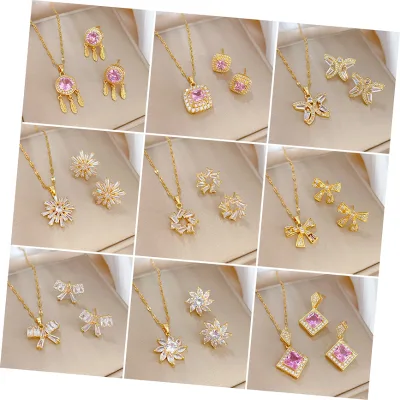 Gold Plated Stainless Steel Zircon Crystal Pendant Necklace Earrings Jewelry Set for Women Gift