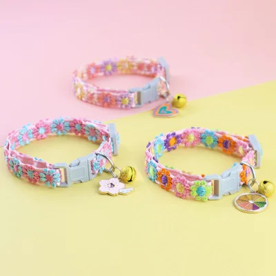 Premium Comfortable Cat Collar with Colorful Lace Flower & Cat Pendant Bell Lightweight Adjustable Collar for Cat and Puppy