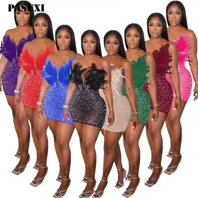 PASUXI Summer Fashion Mini Dress Sleeveless See-Through Diamond Style Deep Neck Hip Short with Plus Size Polyester Material