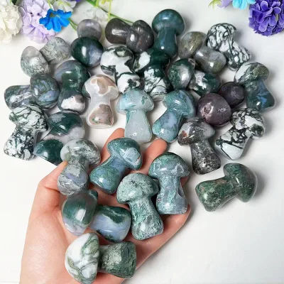 Wholesale Mushroom Crystal Carvings Natural Gemstones Moss Agate Crystal Mushroom for Home Decoration