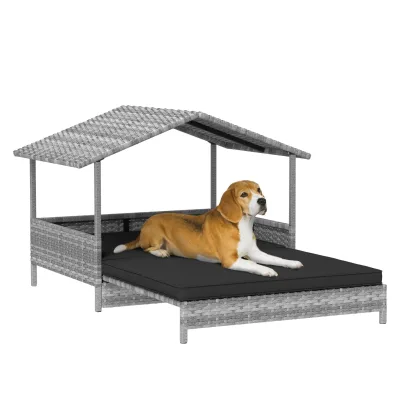 Charcoal Grey Dog House Extendable Outdoor Wicker Dog Bed with Water-Resistant Roof Removable Cushion for Small and Medium Dogs