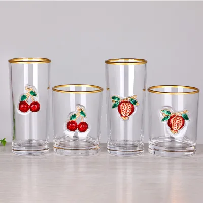 Christmas Fruit Raised 3D Enamel Applique Motif Gold Rim Highball Cooler Double Old Fashioned Rocks Tumbler Glass