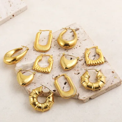 Customization 2025 hot Creative Metal Geometric V Shape Bamboo Chunky Hoop Earrings for Women Stainless Steel Earrings Party