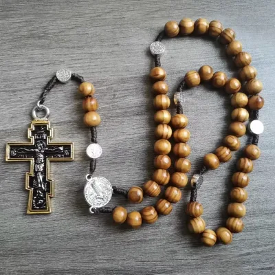 Religions Catholic Wooden Wall Rosary Ornament with Jesus Cross Braided Rope Jesus Rosary Wood Craft Pendant Weeding