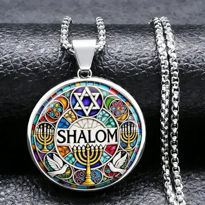 Jewish Shalom Pendant Necklace Star of David Menorah Dove Colorful Stained Glass Round Titanium Steel Peace Necklace