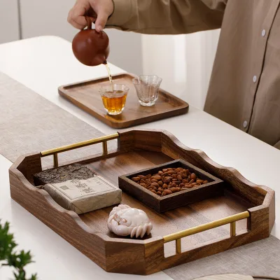 Factory Wholesale Walnut Wood Decorative Tray Custom Logo Wave Border Wooden Storage Tray With Metal Handle Bulk Supply