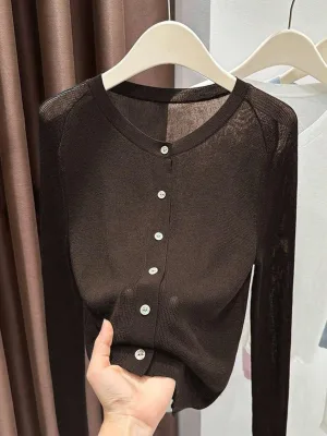 Elegant Casual Viscose Knit Cardigan Solid Color Long Sleeve Single Button Sheer Sun Protection Slouchy Minimalist Summer Thin