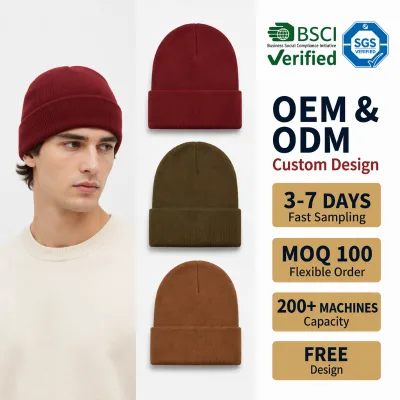 FNJIA Custom Logo Blank Solid Color Cuffed Knit Beanie Unisex Acrylic Warm Winter Knitted Skull Cap for Men Outdoor Daily Wear