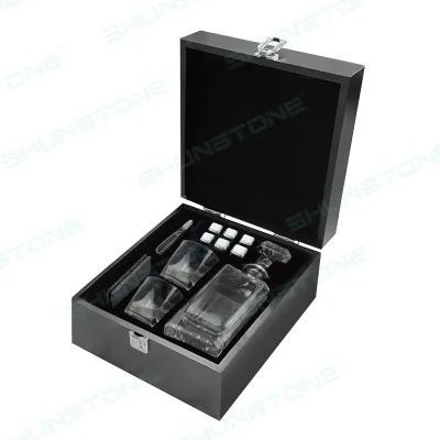 Wholesale Square Whiskey Glass and Decanter Set With Slate Coaster and Stainless Steel Whiskey Stone Black Wooden Box