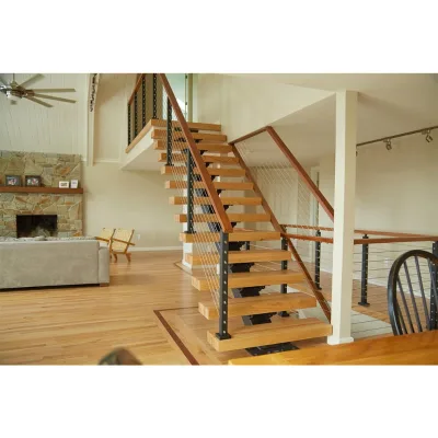 Durable Wooden Step Stair Iron Wrought Wood Material Staircase 304 Stainless Steel Balustrade Stairs