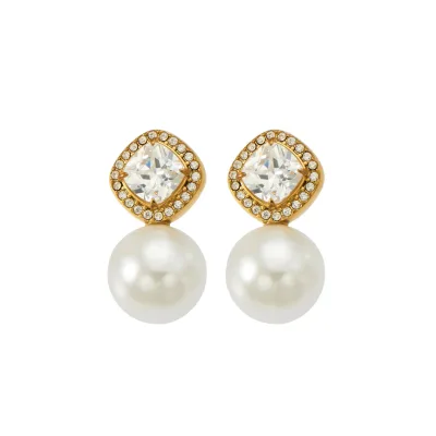 Custom Logo Stainless Steel Gold Color Shell Pearl Beads Zircon Drop Earrings Wholesale Fashion Punk Hip Hop Jewelry for Women