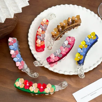Fashion Diamond-encrusted Twist Clip Flowers Banana Clip Acetate Hair Accessories for Women Girls