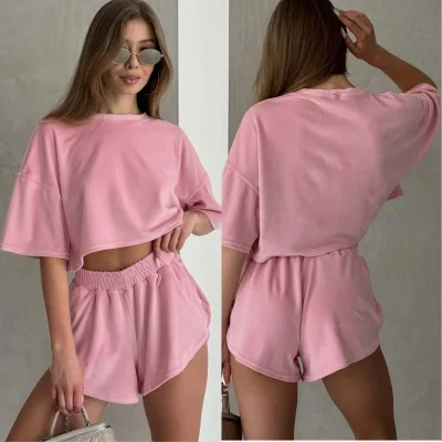 Aoyema Casual Elegant New Arrival Women Dropshipping Solid  Top Short Sleeves Knitted Pajamas Shorts Loungewear 2 Pieces Set