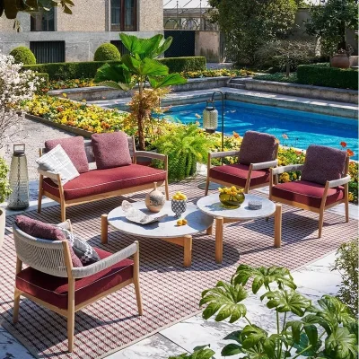 Stylish Outdoor Rope-Woven Teak Sofa Combination: Perfect for Creating a Cozy and Inviting Patio Seating Area