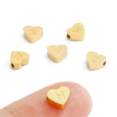 Wholesale 18K Gold Plated Stainless Steel Heart Letter Charms Engraved A-Z Initial Slider Beads for Bracelet Necklace Making