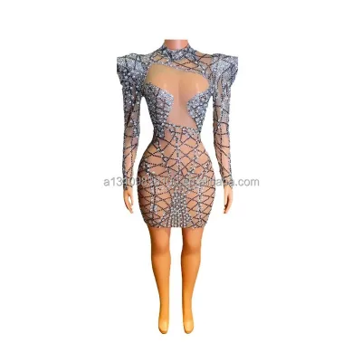 Fishing Net Tight Sexy Stretch Full Diamond Waist Dress Short Dance  Dew Meat Night Club Bar Performance