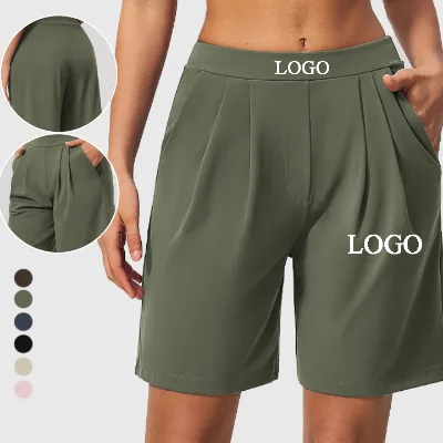 Mid Waist Pleated Women Athletic Shorts With Pockets Yoga Shorts Brushed Loose Fit Yoga Shorts