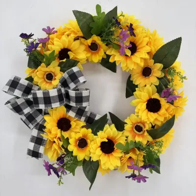 Sunflower Sun Wreath Vine Circle Door and Window Decoration Hanging Ornament Wall-Mounted Artificial Flower Bowknot Wreath